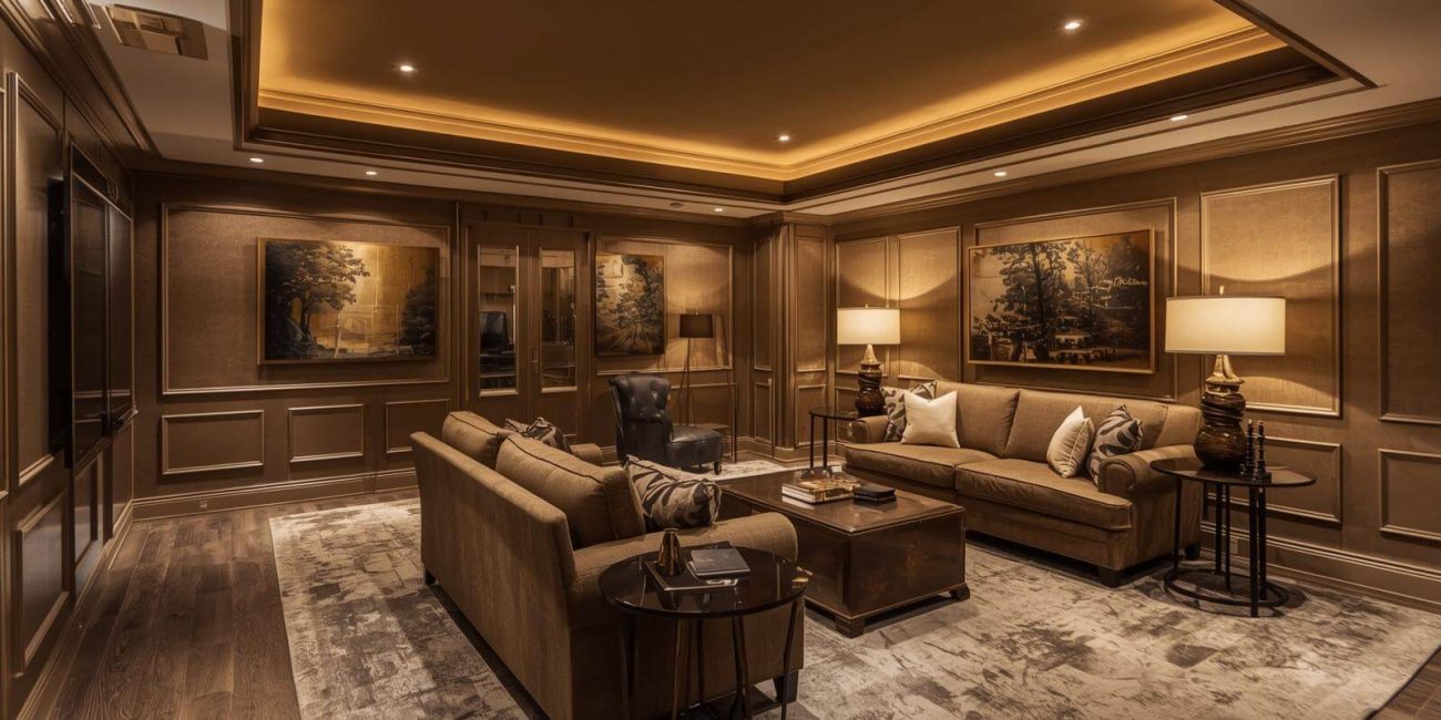 Luxurious basement remodel with coffered tray ceiling, recessed lighting, paneled walls, plush sofas, and elegant wood tones
